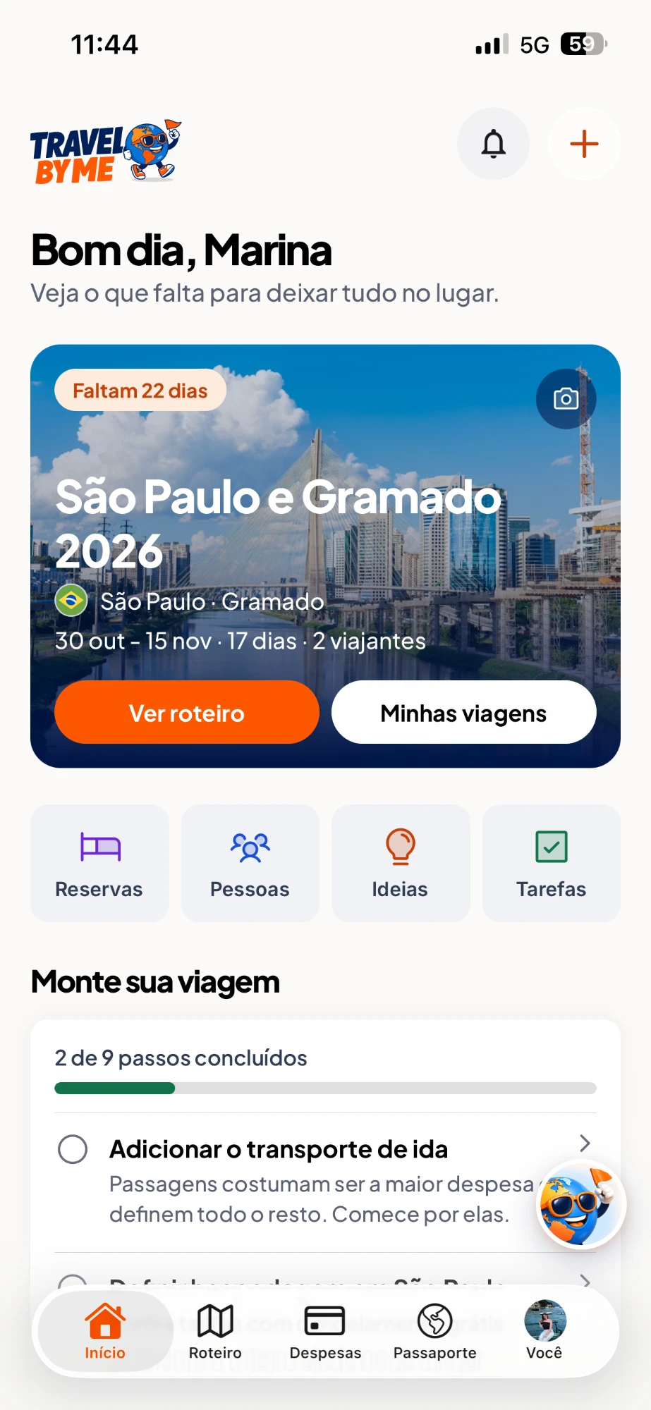 Tela inicial do app: a viagem São Paulo e Gramado, faltando 22 dias, com atalhos para reservas, pessoas, ideias e tarefas