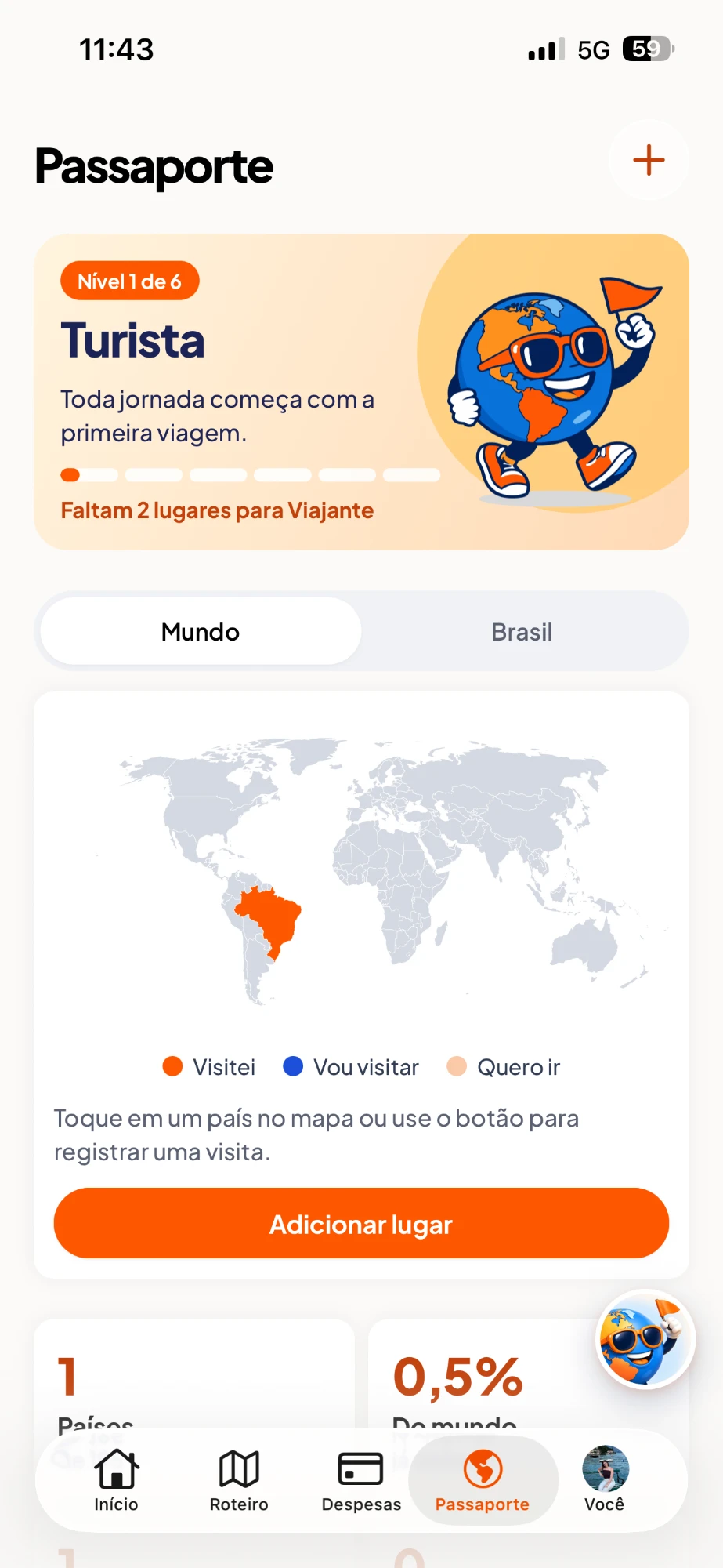 Tela do Passaporte: nível 1 de 6, Turista, com o mapa-múndi e o Brasil marcado como visitado