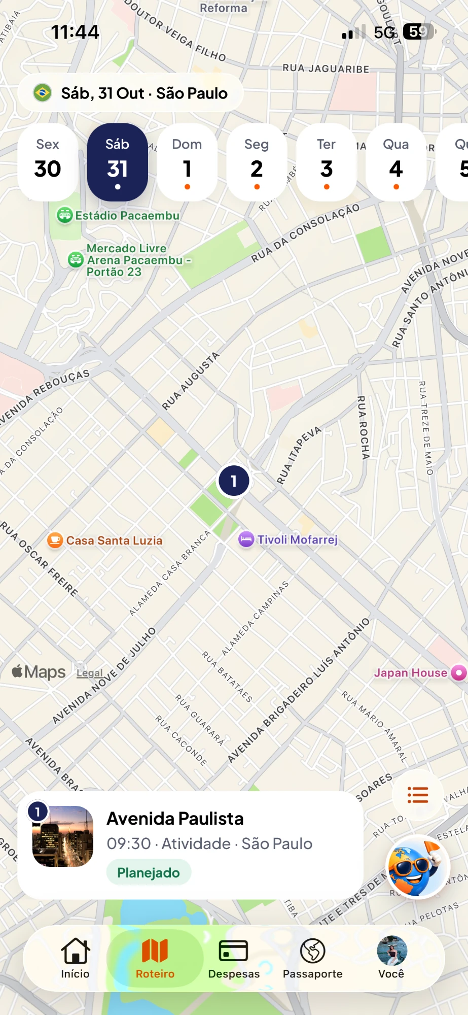 Tela do roteiro no mapa: sábado, 31 de outubro, em São Paulo, com a Avenida Paulista marcada como primeiro ponto do dia