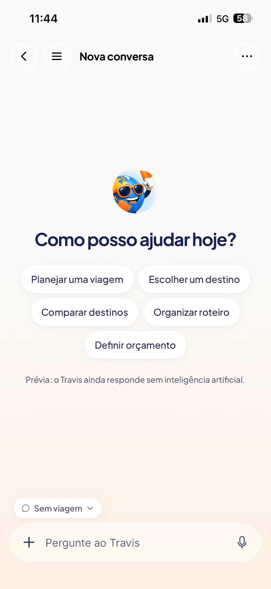 Tela inicial do Travis, com atalhos como Planejar uma viagem, Escolher um destino e Organizar roteiro